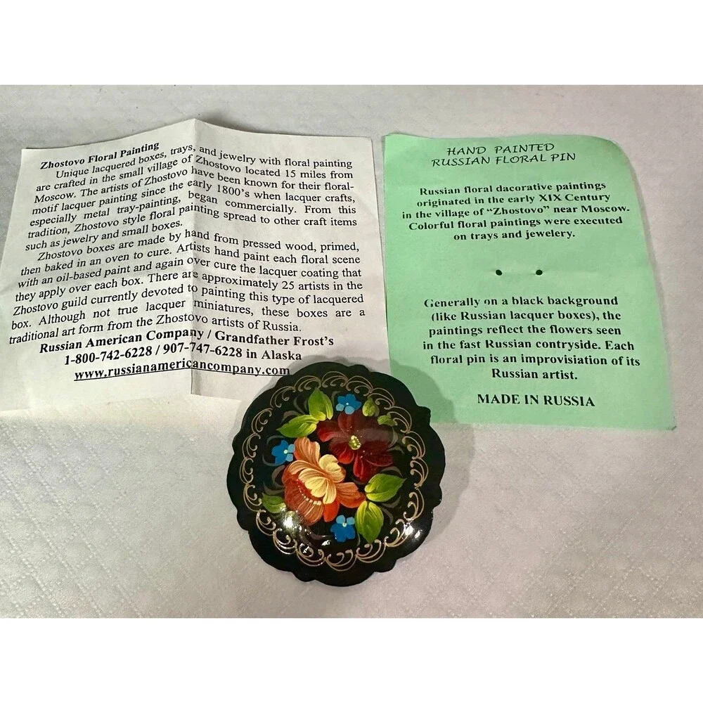 Vintage Authentic Russian Zhostovo Hand Painted Floral Lacquer Pin Brooch Black